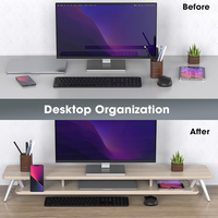 Support de moniteur double en bois massif avec plateau pour clavier, étagère de bureau, organisateur pour poste de travail PC