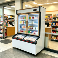 Réfrigérateur Vitré à Deux Sections avec Portes en Verre, Base Courbe et Roulettes – Idéal pour la Présentation de Boissons et Aliments en Magasin de Proximité