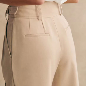 Pantalon Palazzo Élégant Beige Taille Haute Plissé à Ceinture Croisée Coupe Large pour Femme – Idéal Bureau et Tenues Décontractées Professionnelles - Product Image 3