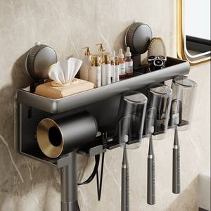 Support mural gris bronze pour brosses à dents, étagère de rangement pour salle de bain avec support pour sèche-cheveux et porte-gobelet - Product Image 1