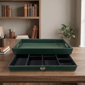 Organiseur de bureau en cuir vert avec tiroir et compartiments - Product Image 3