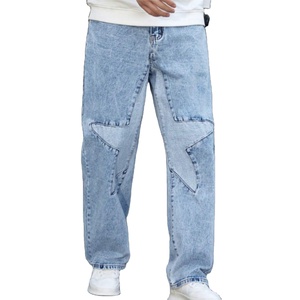 <span class=keywords><strong>Jean</strong></span> cargo baggy coupe droite taille haute pour <span class=keywords><strong>homme</strong></span>, en denim de coton bleu, avec poches obliques et patchs à motif étoile - Product Image 1