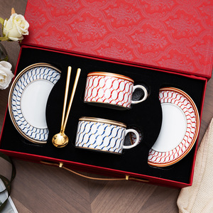 High Appearance European Bone China Coffee <b>Cup</b> Saucer <b>Set</b> Overlap Shadow Design Gift Box Couple <b>Cups</b> with Spoon for Wedding Gift - Product Image 4