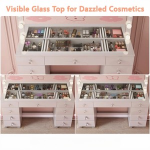 Professional <strong>Vintage</strong> Wood Vanity Desk for Makeup with Glass Top, <strong>Dressing</strong> <strong>Table</strong> with Mirror Light and Bluetooth for Bedroom - Product Image 3