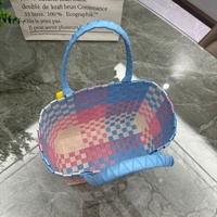 Tas Tote Persegi Panjang Anyaman Plastik Warna-warni Gaya Dopamin Lucu dengan Hiasan Bunga, Cocok untuk Hadiah Pernikahan Anak, Pesta, atau Keranjang Piknik