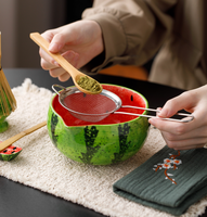 Ensemble de thé matcha en céramique avec logo personnalisé, motif pastèque, 4-8 pièces, avec bol à matcha, fouet en bambou, support, boîte cadeau, kit de cérémonie du matcha japonais