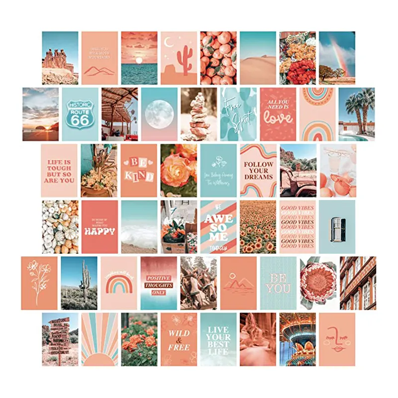 Artivo Peach Teal Aesthetic 50PCS for Wall Collage 4x6 Boho Cards Cream Collage Print Kit Warm Color Room Decor VSCO Poster