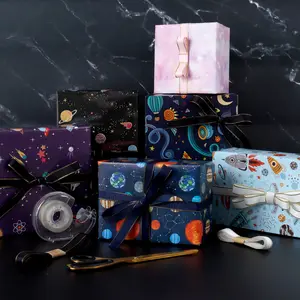 6 Designs 50 x 70cm Kraft Paper Colorful Cartoon Space Star Wrapping Paper Sheet Kraft for Kids Gifts Wrapping Paper Sheets