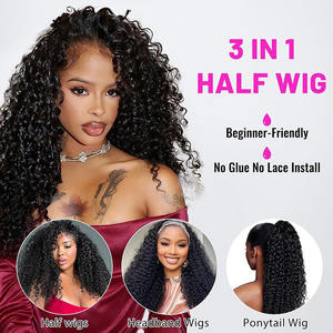 Perruque mi-longue à ondulations d'eau en <span class=keywords><strong>cheveux</strong></span> humains, 3 en 1, sans colle, sans couture, à retourner, avec bandeau à cordon, densité 180%, perruque mi-longue bouclée - Product Image 2