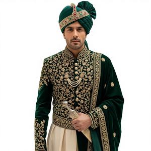 Costume pour homme personnalisé, Anarkali long, pantalon Churidar, turban et étole avec perles de verre ornées, costumes pour homme Dabka - Product Image 2