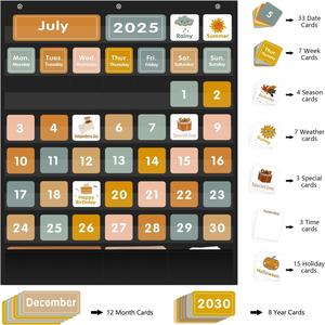 Boho 46+3 Pockets Calendar & Weather Pocket Chart Large 28.75"x24" <b>Black</b>, with 92 Cards, for Classroom, Home & School Learning - Product Image 3