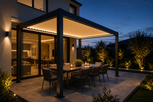 Pergola moderne en aluminium, toit à lames rectangulaires, auvent d'extérieur pour patio, revêtement poudré noir, résistant aux intempéries - Product Image 2