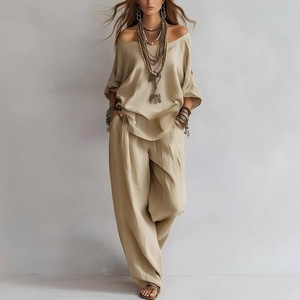 <span class=keywords><strong>Ensemble</strong></span> 2 pièces été décontracté européen et américain : haut en lin tissé à manches trois-quarts et pantalon large - Product Image 4