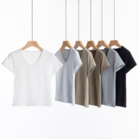 Kaos Wanita Katun Combed Spandex Crop V-neck Lengan Pendek - Gaya Minimalis Warna Solid Tanpa Perawatan Setrika Musim Semi/Panas