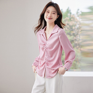 Pink Satin Shirt Women's Top Solid Color Long Sleeve With Folds Everyday Wear Spring Autumn 2025 - Product Image 1