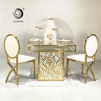 Table de mariage de luxe en acier inoxydable doré avec plateau en verre carré, table de banquet pour réceptions et événements