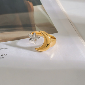 Star And Moon Motif <b>Ring</b> Gold And <b>Silver</b> Two Tone Adjustable Unisex Jewelry - Product Image 2