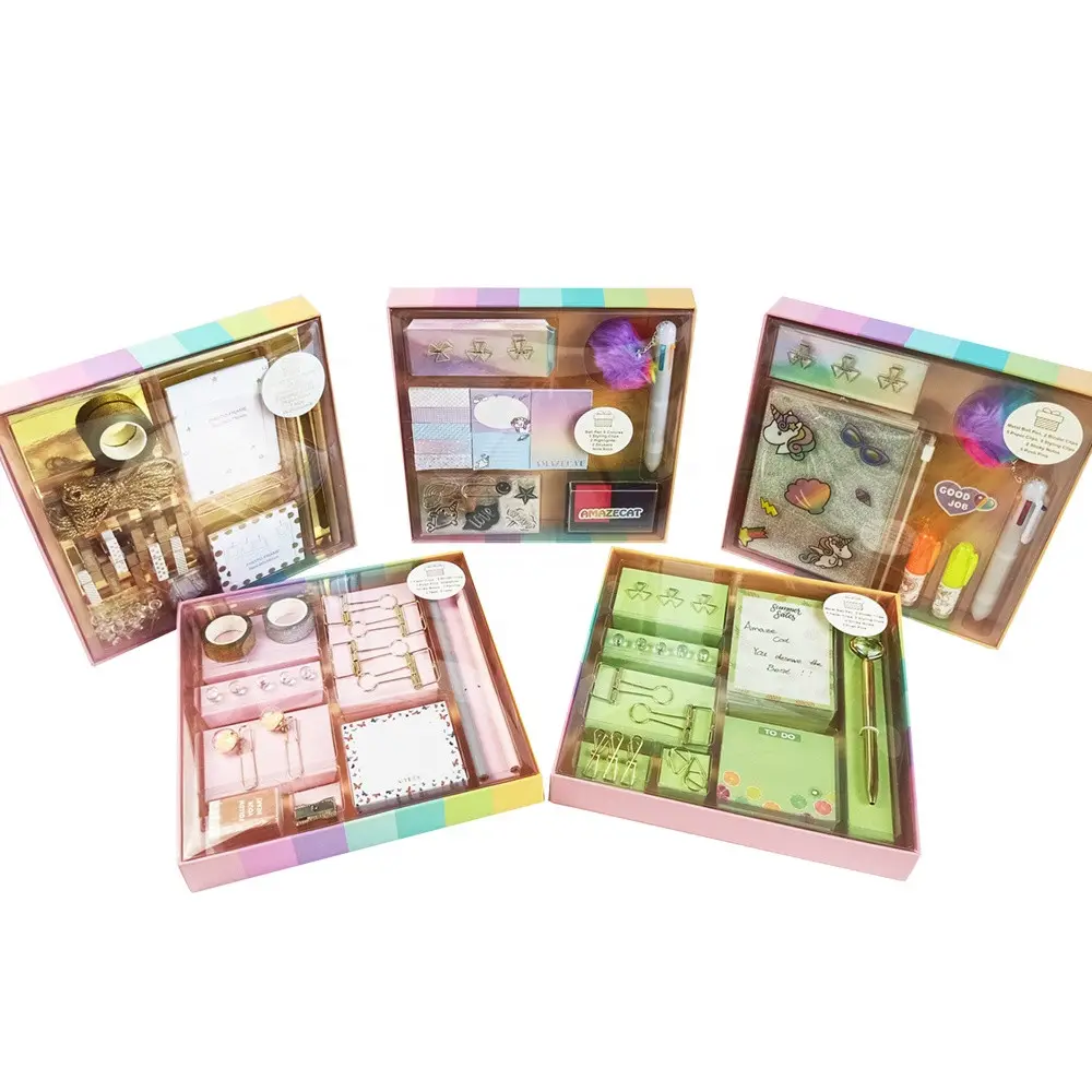 Set Kotak Hadiah Kertas Pena Notebook Klip Catatan Lengket Perlengkapan Desktop Anak Set Alat Tulis Set untuk Anak-anak