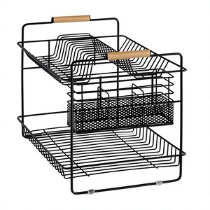 Étagère de rangement de cuisine multifonctionnelle en fer à double niveau pour assiettes, bols, tasses, verres, ustensiles, porte-couteaux et séchoir - Product Image 1