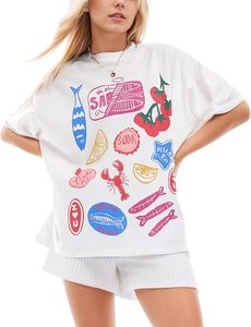 T-shirt graphique oversize blanc vintage à manches courtes et col rond pour femme, 100 % coton, imprimé streetwear, 200 g, printemps-été, coupe ample - Product Image 1