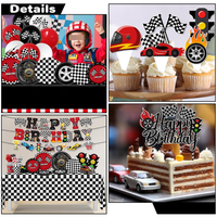 Vaisselle de fête d'anniversaire pour garçon, voiture de course, gobelets, serviettes, nappe, décoration de gâteau, vaisselle jetable, ensemble de vaisselle, drapeau d'anniversaire, fournitures de ballons
