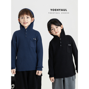 YOEHYAUL N7868 <span class=keywords><strong>Pull</strong></span> tricoté à capuche pour garçons adolescents, col Henley, anti-boulochage, en maille côtelée douce pour enfants - Product Image 1