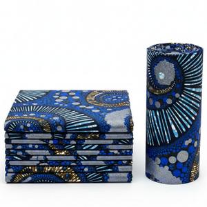 Tissu Bazin Riche Ankara Wax Print en Satin Ciré, Noir Bleu Profond, Technique Batik, avec Paillettes Gris Argenté et Accents Dorés, En Stock - Product Image 1