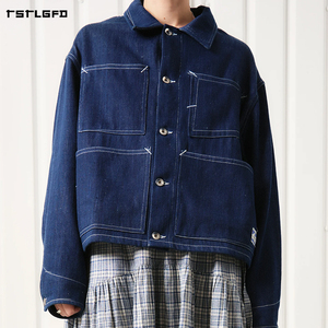เสื้อแจ็คเก็ตยีนส์ดิบสีครามสำหรับผู้ชาย ตกแต่งด้วยการเย็บตะเข็บแบบพิเศษ กระเป๋าแบบมีฝาปิดสองชั้น กระดุมโลหะสีทอง ทรงเข้ารูป สไตล์ญี่ปุ่น แจ็คเก็ตทรัคเกอร์ - Product Image 3