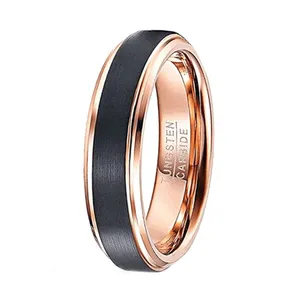 ring 6mm Rose Gold Color Black Brushed Tungsten carbide for Men Polished Beveled Edge Ring