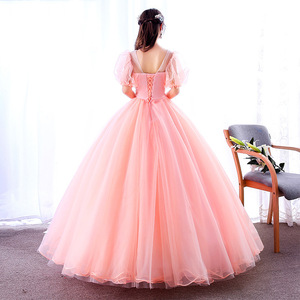 Pink Evening Gown With Off Shoulder Design Puff Sleeves Long Skirt Stage Performance Women's Dress - Product Image 4
