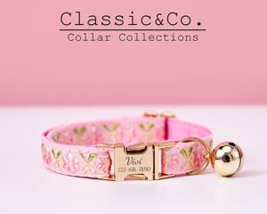 Ensemble de laisse collier tribal personnalisé pour chat/animal de compagnie, collier de chaton rose en sangle personnalisé, boucle en métal gravée, cloche en or gratuite, ronde - Product Image 1