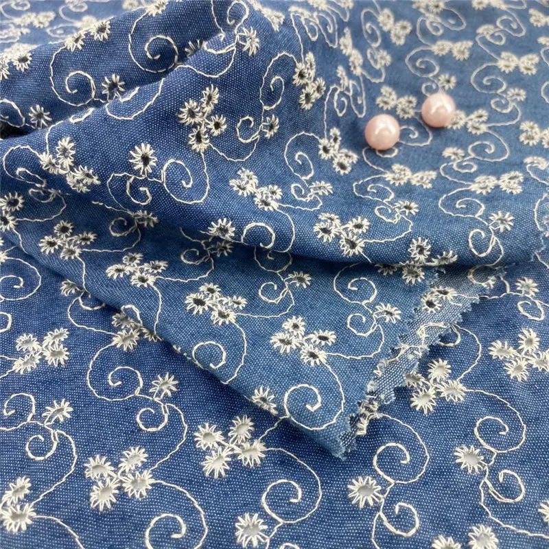 ZEJIA YS1593 New Denim Eyelet Flowers Embroidery Lace Fabrics For Woman Garments Dresses