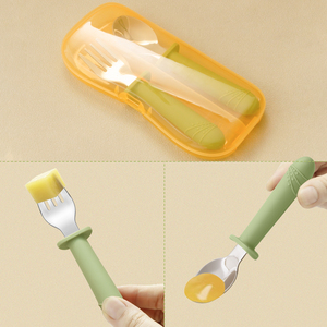 Wholesale Bpa-Free Kids Tableware Set <b>Soft</b> Safe Training Spoon and Fork Wooden Silicone Baby Feeding Utensils - Product Image 2