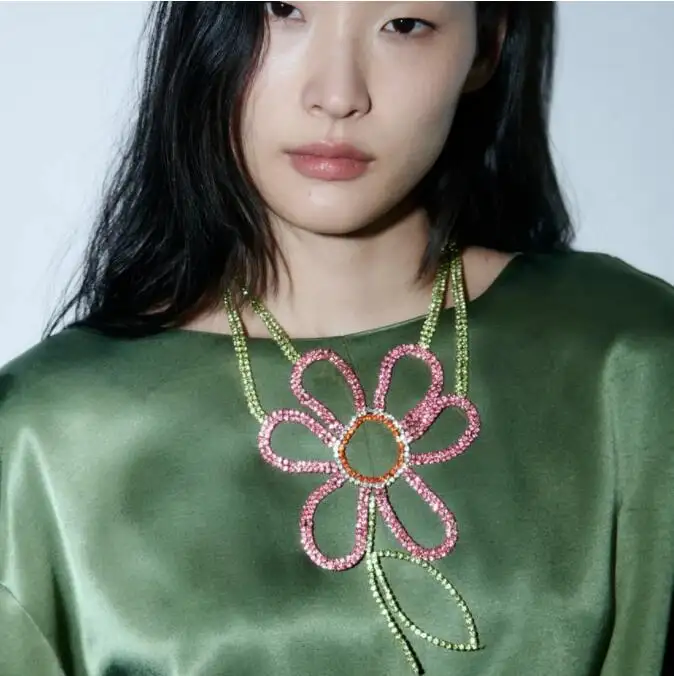 2023 Latest Summer Design Za New Fashion Luxury jewelry Colorful pink Rhinestone flower Drop Dangle Necklace earring set