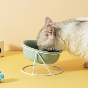 Mangkuk pemberi makan kucing anjing, mangkuk pemberi makanan keramik 15 Bevel mangkuk makanan air minum dengan Dudukan baja tahan karat - Product Image 2