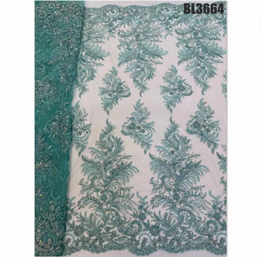 Wholesale top-end Handmade embroidery beaded bridal lace fabric nave blue beaded French sequined lace fabric