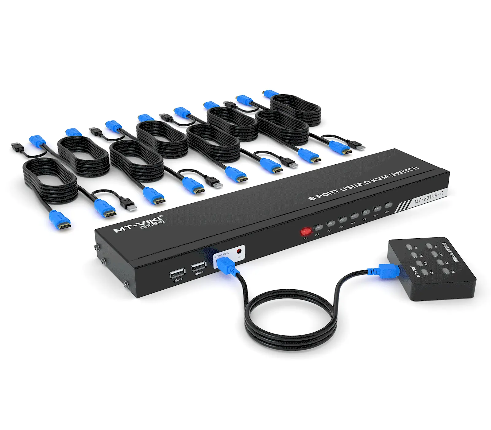 Commutateurs KVM 8 ports HDMI 4K30Hz + câbles (mis à niveau 2in1), commutateur KVM HDMI montage en rack 1U MT-VIKI 8 en 1 sortie