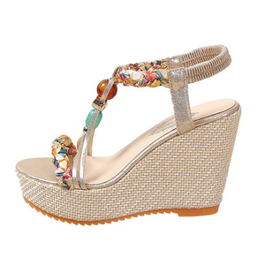 Women Summer Beaded Wedge Sandals New Style Platform Bohemian Roman Sandals Woven - Product Image 1