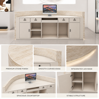 Comptoir de réception demi-cercle en travertin texturé avec éclairage LED intégré, logo personnalisé en relief, idéal pour spa, boutique ou hall d'accueil