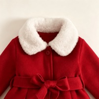 Ensemble manteau et béret rouge pour bébé fille, style automne-hiver, Noël, avec col et poignets fourrés, et nœud à la taille