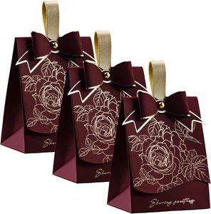 Boîte à bonbons élégante avec motif de rose et nœud, boîte à bonbons portable, boîte cadeau pour fête de fin d'année, bonbonnière (Bourgogne) - Product Image 1