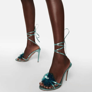 รองเท้าส้นสูงแบบเปิดนิ้วเท้าประดับดอกไม้ 3 มิติ ไซส์ใหญ่ 45 สำหรับผู้หญิง สไตล์เซ็กซี่ สายรัดข้อเท้าแบบไขว้ ส้นเข็ม - Product Image 1