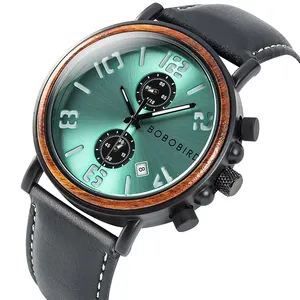 2019 BOBO 鸟自定义标志木手表绿色表盘男子手表与真皮