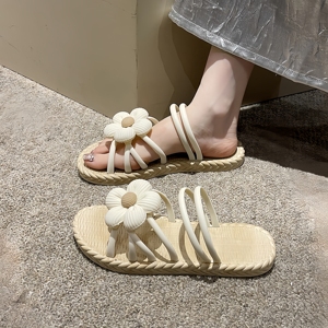 Sandalias Planas de Doble Uso para Mujer - Sandalias Romanas Étnicas Bohemias con Decoración Floral, Sandalias de Playa con Esparto Trenzado - Product Image 1