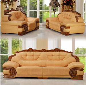 Luxury Solid Wood <b>Living</b> <b>Room</b> Furniture Woodcarved Beige Leather U Shape <b>Sofa</b> Set <b>Living</b> <b>Room</b> Three seater <b>Sofa</b> - Product Image 5