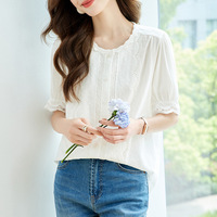 Chemise à manches courtes en dentelle, version coréenne, ample et amincissante, en coton, haut d'été pour femmes