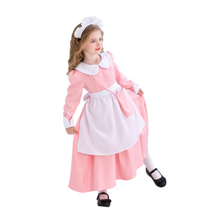 Costume da Cameriera Vintage per Bambine, Set in Poliestere Rosa con Maniche Lunghe, Grembiule Bianco e Copricapo, Outfit per Giochi di Ruolo e Giornate a Tema - Product Image 2