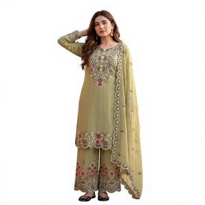 Salwar Kameez Tradicional para Mujer, Color Verde Claro y Rosa, Bordado, Largo hasta el Tobillo, Algodón, Ropa Casual, Vestido Étnico de India y Pakistán - Product Image 1