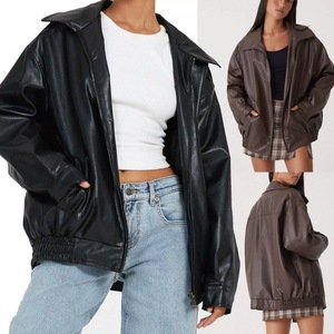Blouson en cuir PU style européen et américain, très tendance, pour le printemps et l'automne, coupe ample, col rabattable - Product Image 3