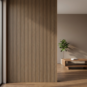 แผ่นอะคูสติกไม้ระแนงแบบมินิมอล MDF สีโอ๊ครมควัน ขนาด 60x240 ซม. ดูดซับเสียงได้ดี ตกแต่งผนังและเพดานห้องนั่งเล่น - Product Image 2
